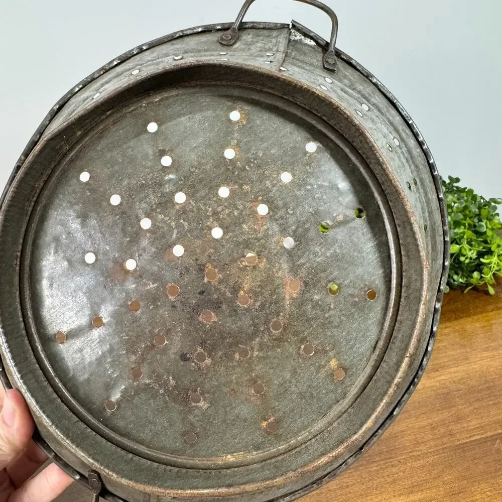 Vintage Primitive Galvanized Metal Footed Colander Strainer Wire Handles Rustic